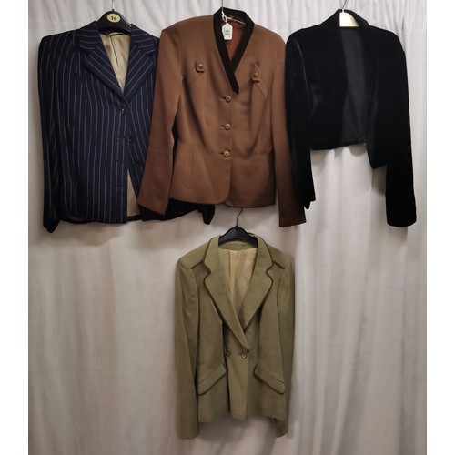 93 - 4 jackets from mixed eras. Vintage khaki linen jacket in good condition, chest 84cm. 50s Brown velve... 