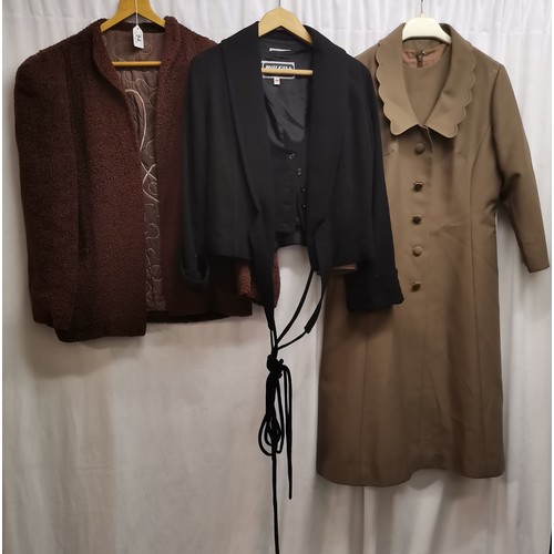94 - 3 items of clothing. 60s dress and coat two piece in good condition, chest 98cm. 40s boucle brown ja... 