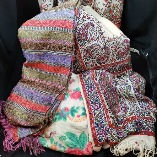 108 - Box of 3 paisley shawls and a floral shawl measuring from 162cm x 162cm, 280cm x 128cm, 174cm x 160c... 
