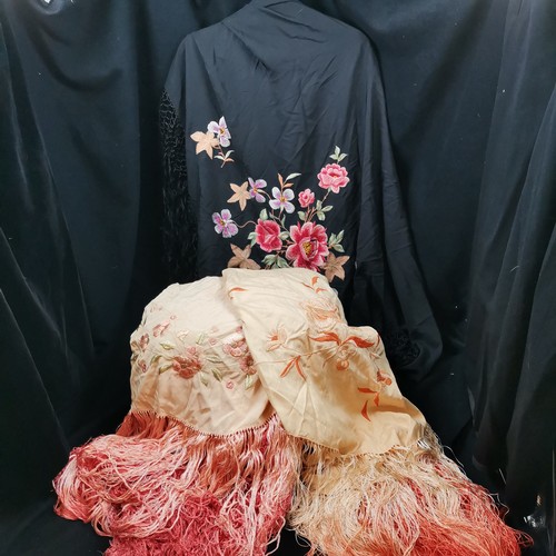 110 - 3 embroidered fringed shawls all in good condition.