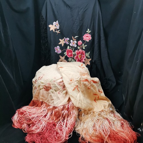 110 - 3 embroidered fringed shawls all in good condition.