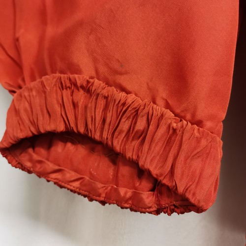 157 - 1930's red satin short sleeved long dress with flowers on chest