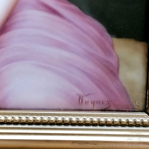 2 - Framed K.P.M. rectangular porcelain plaque of a beautiful young seated lady signed by Wagner - frame... 