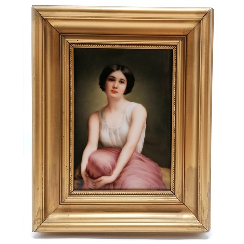 2 - Framed K.P.M. rectangular porcelain plaque of a beautiful young seated lady signed by Wagner - frame... 