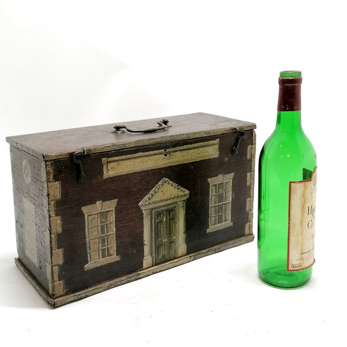 3 - Antique Folk Art oak box with paint decoration depicting a methodist school with brass handle to top... 