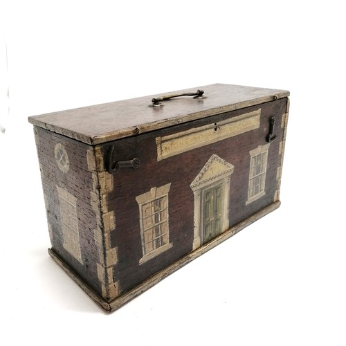 3 - Antique Folk Art oak box with paint decoration depicting a methodist school with brass handle to top... 