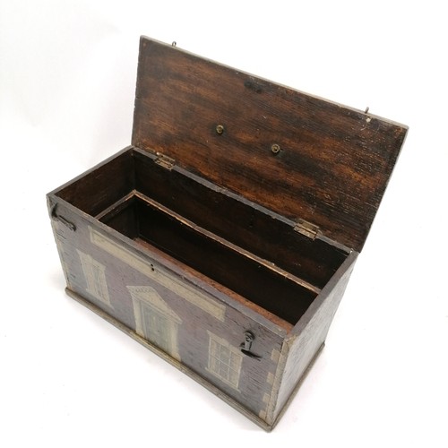 3 - Antique Folk Art oak box with paint decoration depicting a methodist school with brass handle to top... 