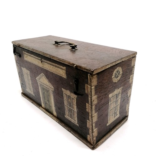 3 - Antique Folk Art oak box with paint decoration depicting a methodist school with brass handle to top... 