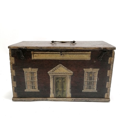 3 - Antique Folk Art oak box with paint decoration depicting a methodist school with brass handle to top... 