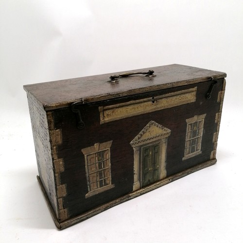 3 - Antique Folk Art oak box with paint decoration depicting a methodist school with brass handle to top... 