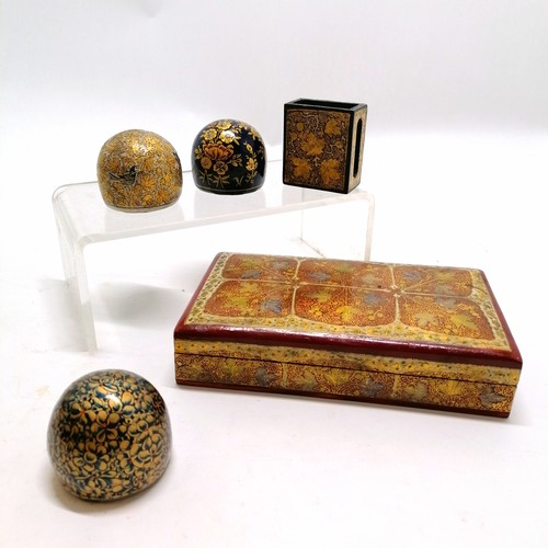 16 - Kashmiri decorated lidded box 18cm x 10cm x 3.5cm T/W 3 paper weights and match box holder. No obvio... 