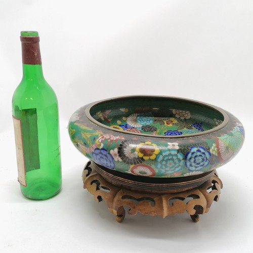 9 - Chinese large cloisonne bowl with floral decoration 30cm diameter x 7cm high on original hardwood ca... 