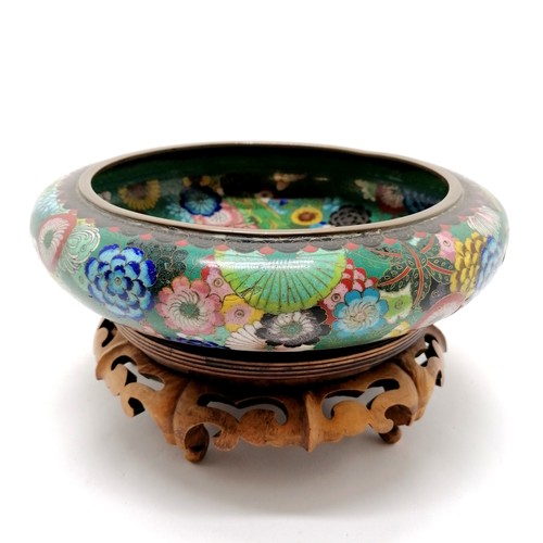 9 - Chinese large cloisonne bowl with floral decoration 30cm diameter x 7cm high on original hardwood ca... 