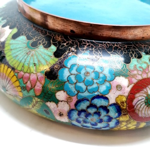 9 - Chinese large cloisonne bowl with floral decoration 30cm diameter x 7cm high on original hardwood ca... 