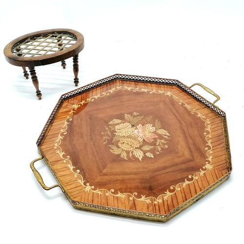 15 - Oval mahogany brass trivet, has repairs T/W a Sorrento ware octagonal tray with brass gallery 40cm a... 