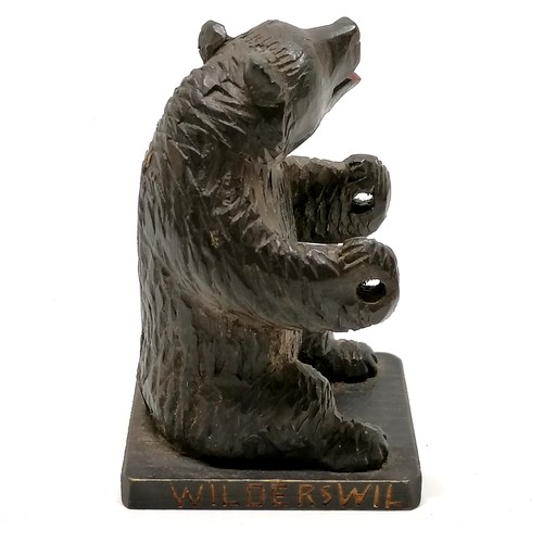 17 - Black forest hand carved bear figure / cotton reel holder - 8.5cm high & has Wilderswil engraved on ... 