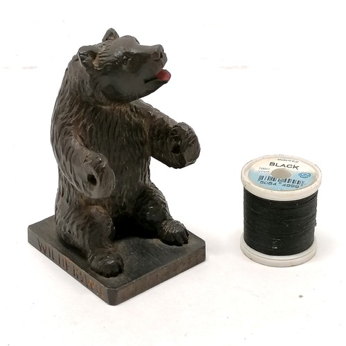 17 - Black forest hand carved bear figure / cotton reel holder - 8.5cm high & has Wilderswil engraved on ... 