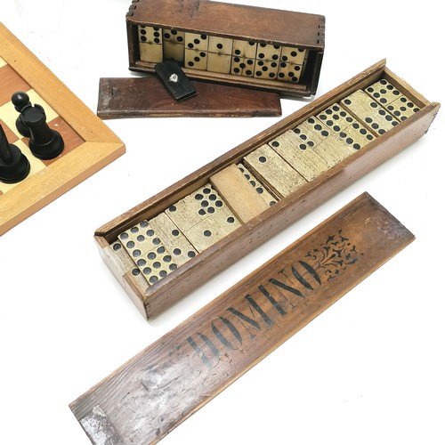 22 - Carved wooden chess set with board 35cm square t/w set of dominoes & a part set (50) of double 9 dom... 