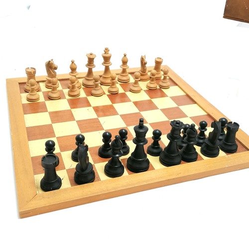 22 - Carved wooden chess set with board 35cm square t/w set of dominoes & a part set (50) of double 9 dom... 