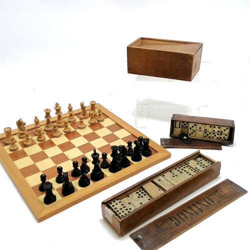 22 - Carved wooden chess set with board 35cm square t/w set of dominoes & a part set (50) of double 9 dom... 