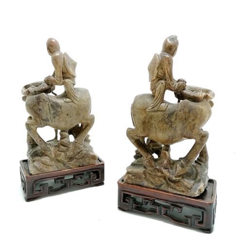 25 - Antique pair of Chinese hand carved soapstone figures of men with water buffalo on hand carved woode... 