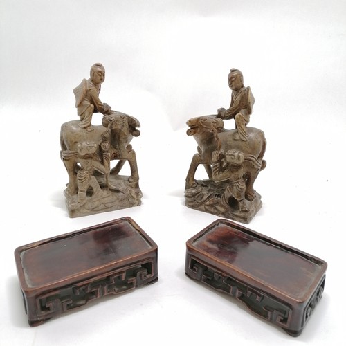 25 - Antique pair of Chinese hand carved soapstone figures of men with water buffalo on hand carved woode... 