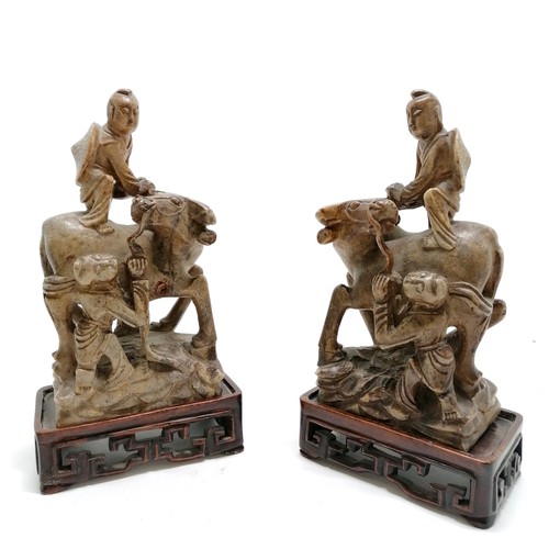 25 - Antique pair of Chinese hand carved soapstone figures of men with water buffalo on hand carved woode... 