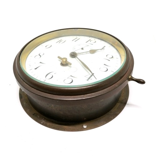 30 - Brass ships clock with enamel dial (hairline crack) - 20cm diameter ~ wond to top / not running