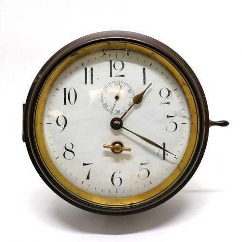 30 - Brass ships clock with enamel dial (hairline crack) - 20cm diameter ~ wond to top / not running