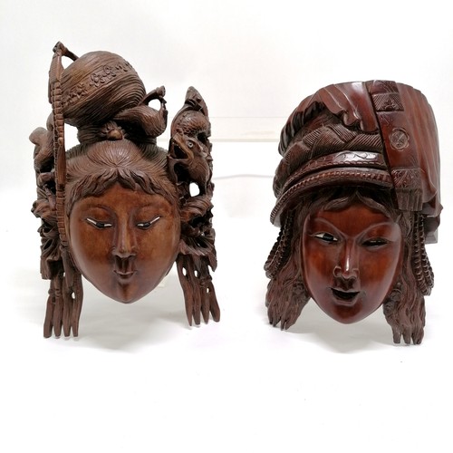 36 - 3 x Chinese carved hardwood masks with glass eyes (1 missing an eye) - largest 30cm x 18cm