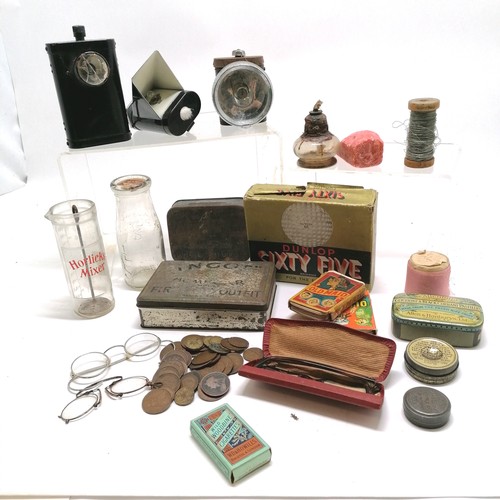 39 - Qty of oddments inc bicycle lamps, Horlicks mixer, card games etc