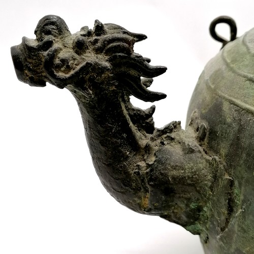 46 - Antique Oriental / Chinese bronze kettle with dragon spout & dragon tail handle and 'good luck' char... 