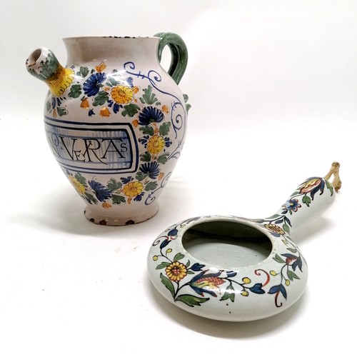 55 - Italian maiolica wine jug (20cm high & has chips to base and top rim & some losses to spout etc) etc