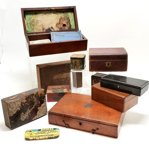 59 - Collection of antique boxes & tins inc silver and tortoiseshell cigarette box (15cm x 10cm x 5cm - a... 