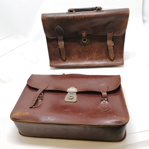 60 - 2 x brown leather satchels - brass lock bag has tear to strap & seams slightly a/f - 40cm x 28cm