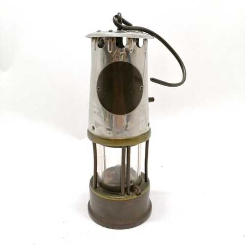 63 - Eccles miner's Lamp (Davy) of chromed finish and brass, No 52/ 820 R, 25 cm high. Has old solder rep... 