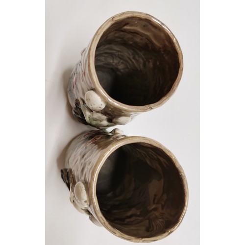 65 - Japanese Marble Ceramics- a pair of cylindrical vases with relief decoration of Magnolia, banded Con... 