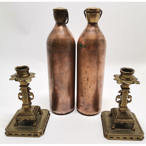 69 - C. 1900 squared cast Brass Classical Candlesticks and a pair of Copper and brass Mercury flasks , th... 