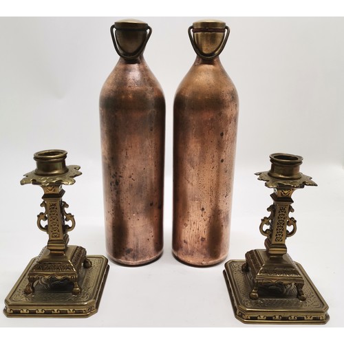 69 - C. 1900 squared cast Brass Classical Candlesticks and a pair of Copper and brass Mercury flasks , th... 