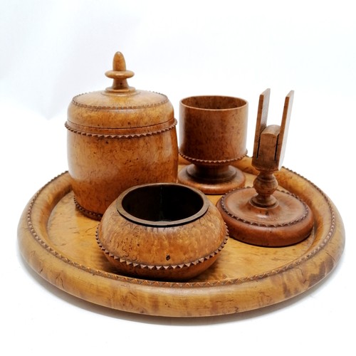 96 - Unusual burr wood smokers set on tray - 30cm diameter ~ repair to under the rim of tray otherwise in... 