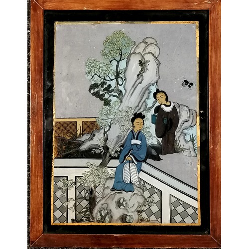 98 - 19th century Chinese hand painted mirror with a figural scene, in a later wooden frame - 42.5cm x 33... 