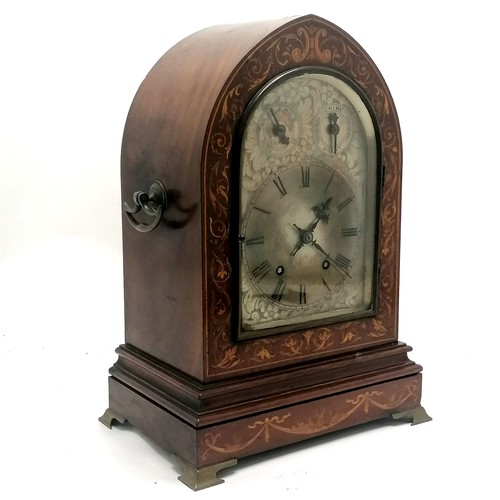 108 - Antique mahogany lancet topped bracket clock with a silvered dial with 2 inner sub dials, brass fitt... 