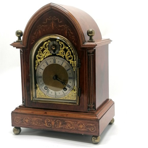 109 - Antique lancet shaped clock with brass dial with pierced decoration, brass finials terminating on 4 ... 