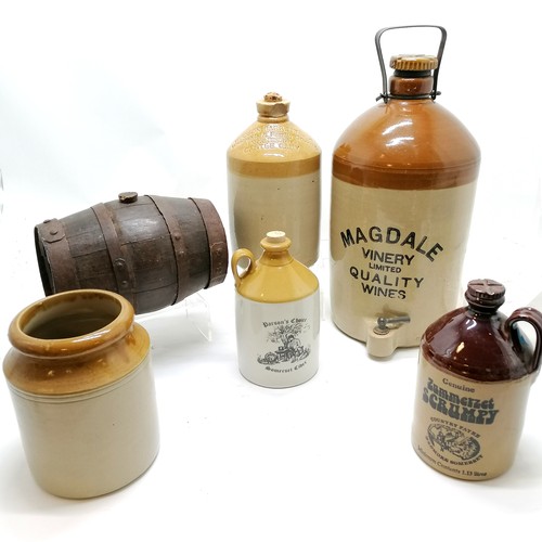 119 - Assorted 2 tone stoneware flagons including an impressed ' Woson Barrett & co, Wholesale & Family Gr... 