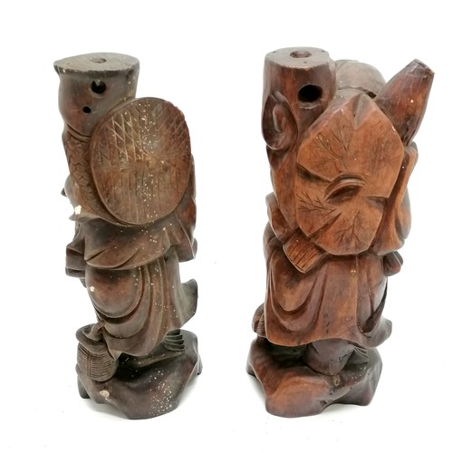 127 - 2 x Chinese hand carved wooden figural lamp bases - 29cm high ~ the fisherman has shrinkage cracks t... 