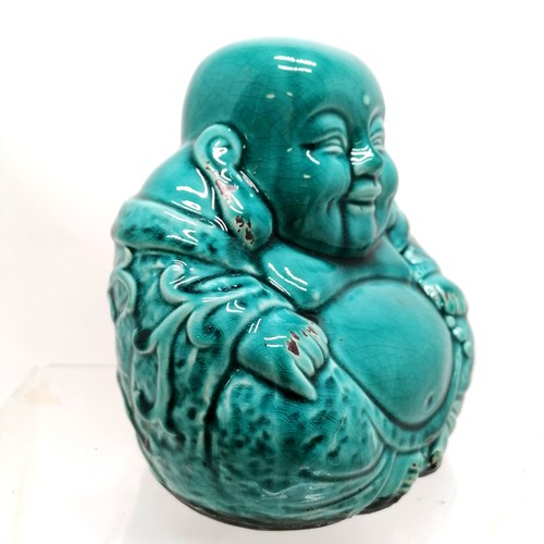 140 - Contemporary turqouise seated figure of a laughing Buddha - 19cm high & no obvious damage