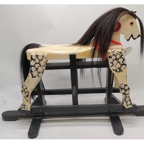 143 - Vintage wooden rocking horse with paint decoration and horse mane & tail - 90cm long x 61cm high