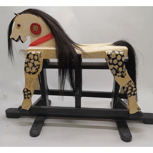 143 - Vintage wooden rocking horse with paint decoration and horse mane & tail - 90cm long x 61cm high