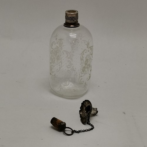 151 - Antique sterling silver mounted glass drinks flask with hand etched detail to body - 16cm high & has... 