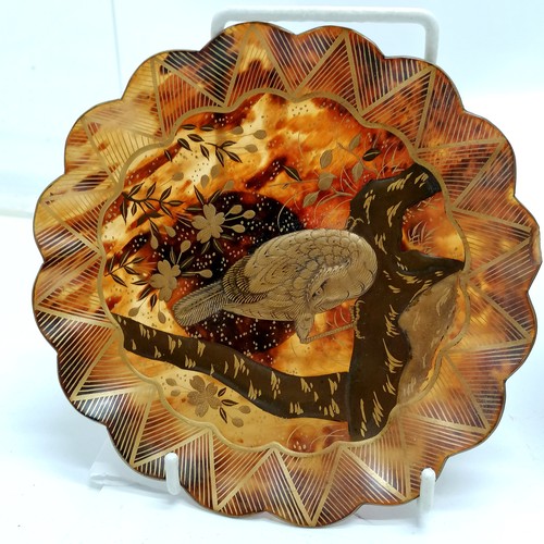 156 - Pair of Oriental antique tortoishell dishes 15cm diameter, with gold laquer decoration depicting bir... 